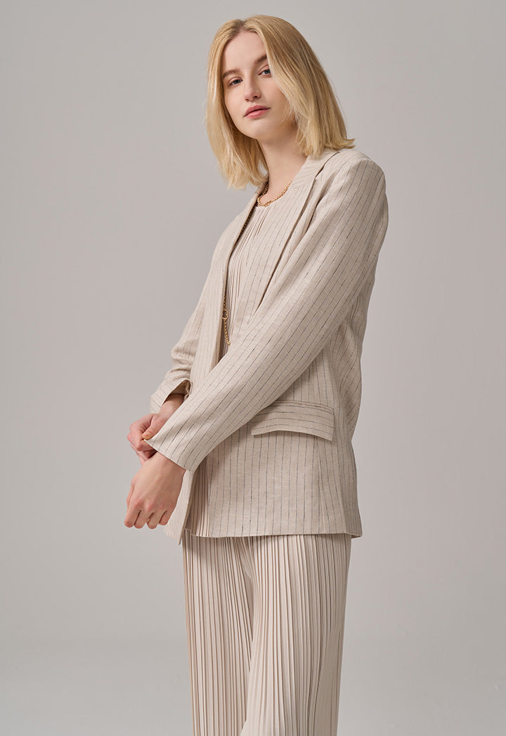 Choice Striped Long Sleeve Linen Blazer Beige