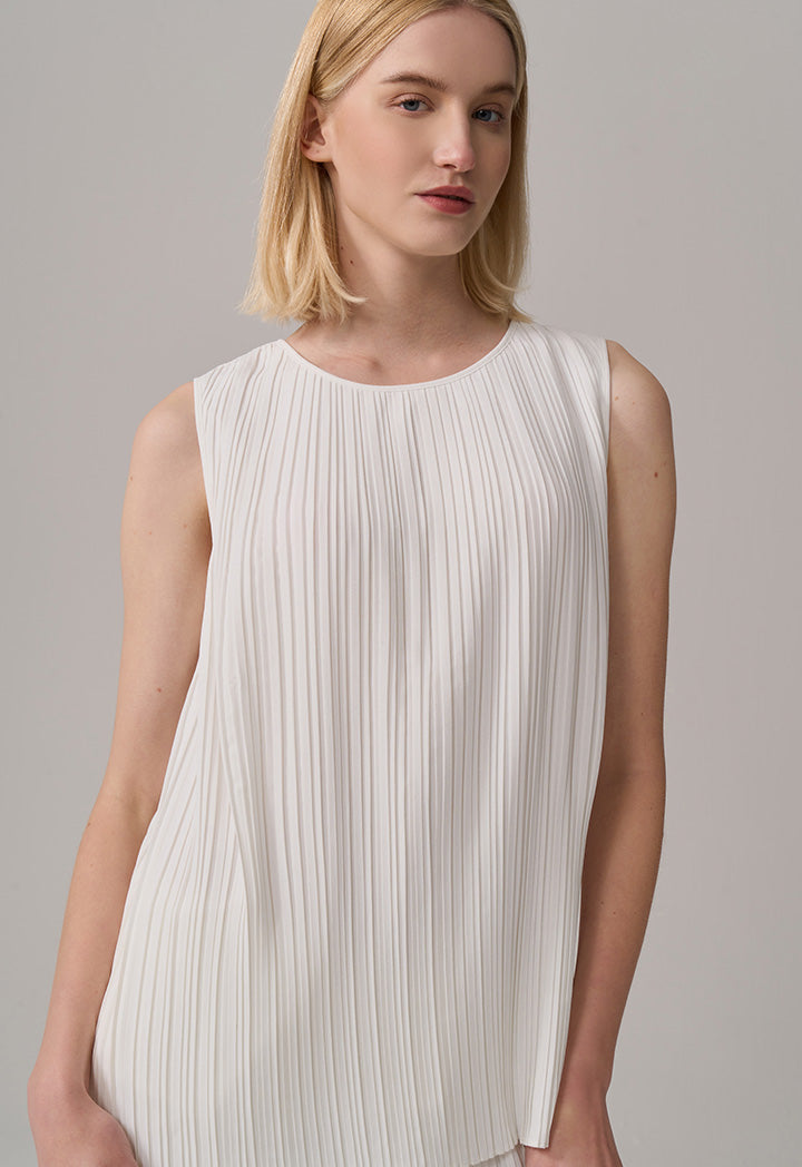 Choice Solid Sleeveless Pleated Top Off White