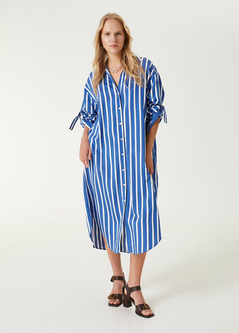 Beymen Club Stripe Sleeve Detail Midi Dress Blue - White