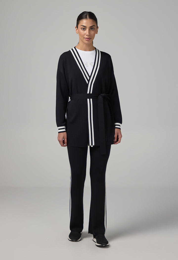 Choice Contrast Knitted Belted Cardigan Black