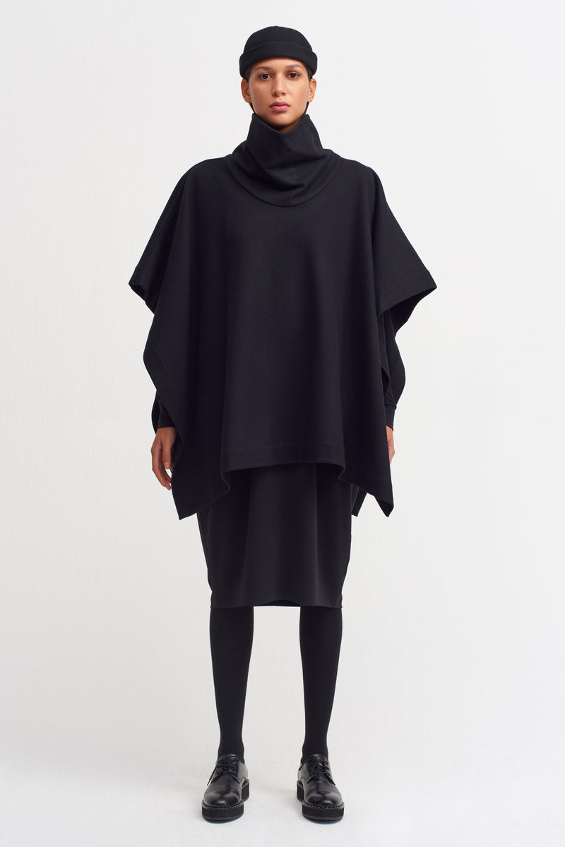 Nu Wool High Neck Poncho Black