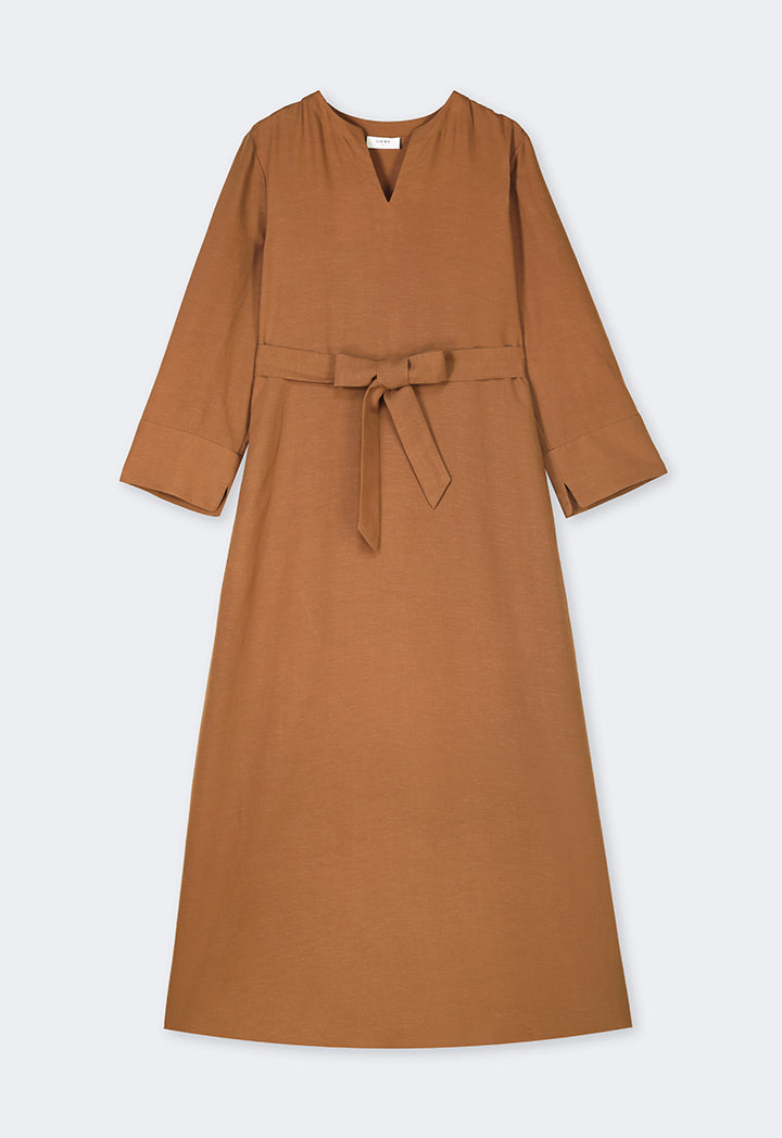 Choice Solid Flared Belted Dress Caramel