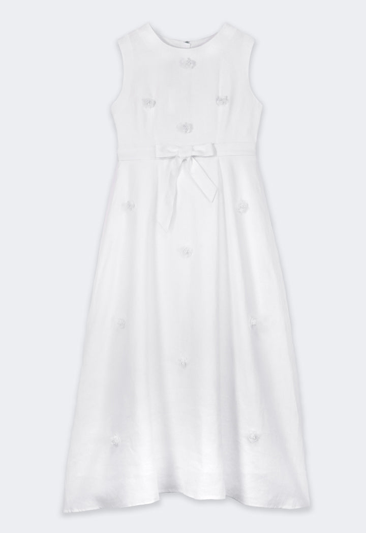 Choice Sleeveless Flared Linen Belted Dress Off White