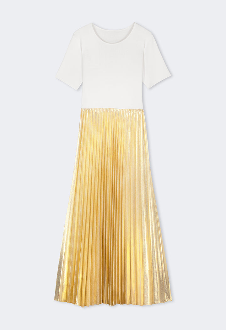 Choice Metallic Pleated Knitted Dress Beige