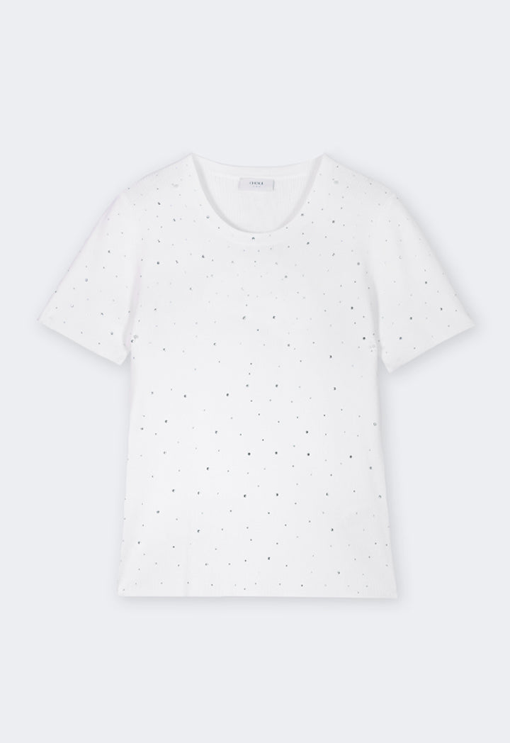 Choice Solid Crystal Embellished Knitted T-Shirt Off White