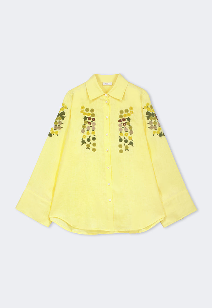 Choice Floral Embroidered Linen Shirt Lemon