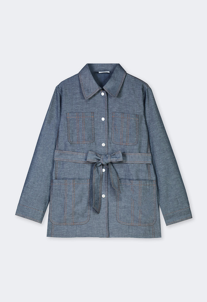 Choice Multi Front Pocket Coat With Belt Indigo