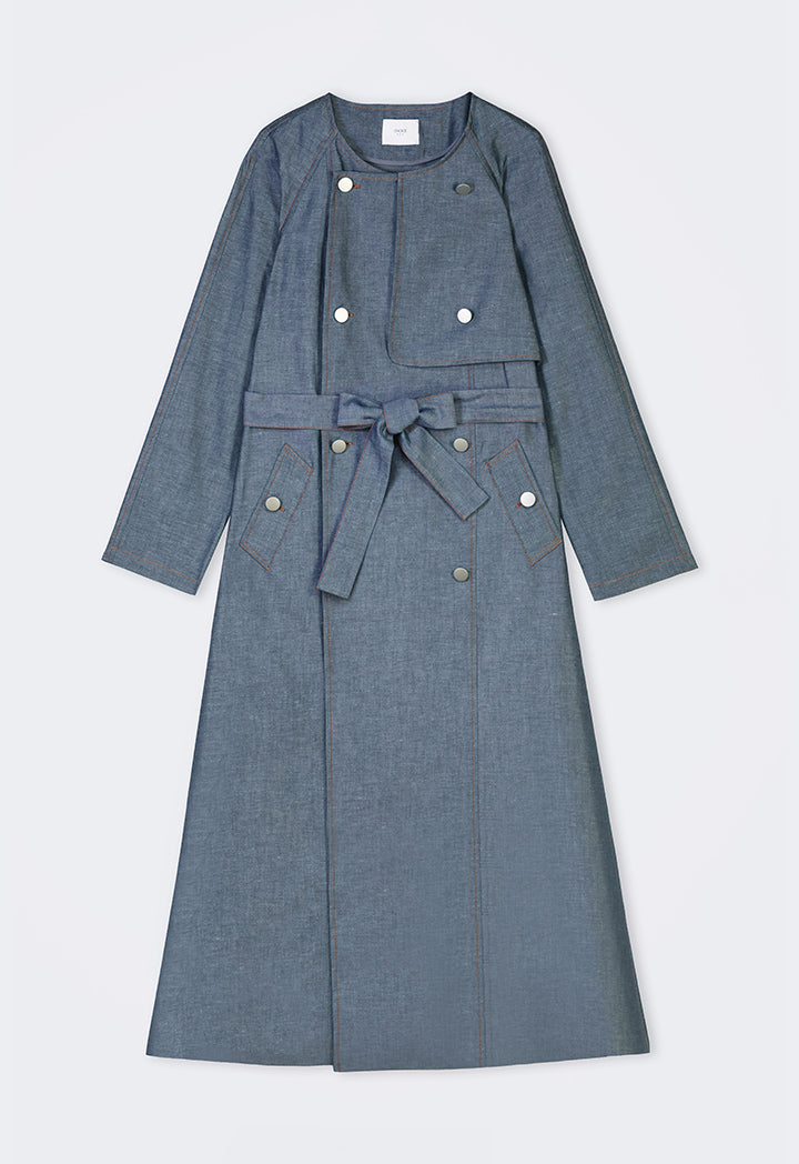 Choice Multi Front Pocket Coat With Belt Indigo