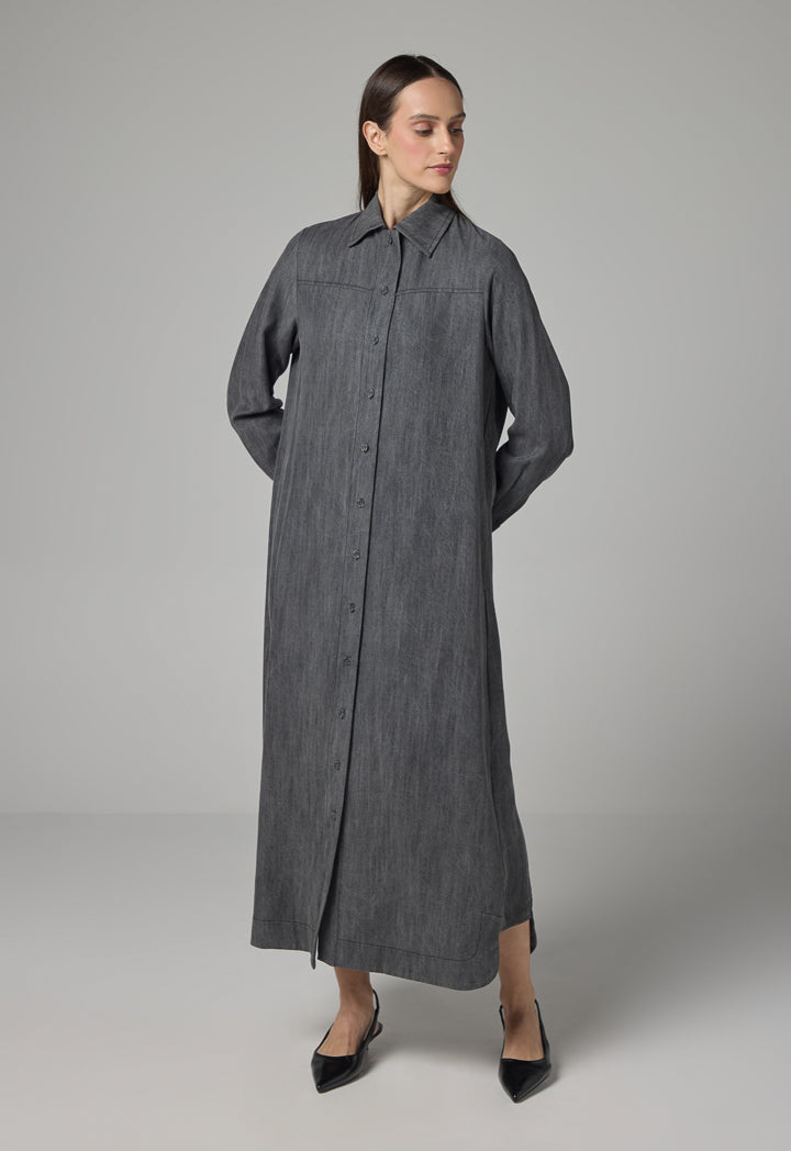 Choice Solid Flared Maxi Denim Dress Grey