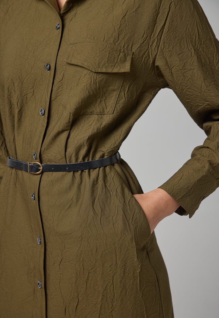 Choice Crinkled Basic Shirt Dress Khaki