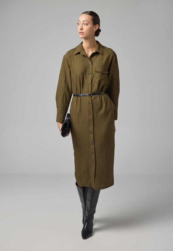 Choice Crinkled Basic Shirt Dress Khaki