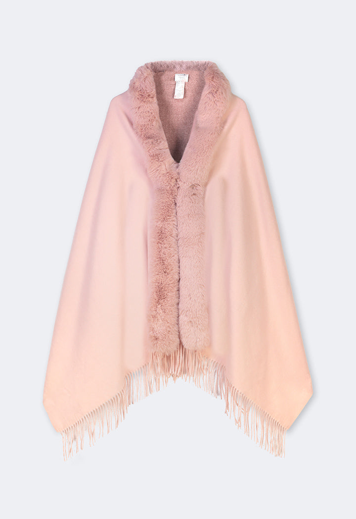 Choice Faux Fur Embellished Poncho Pink