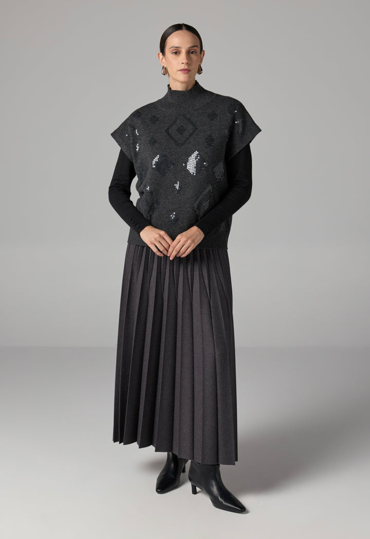 Choice Solid Sleeveless Sequins Knitted Top Grey