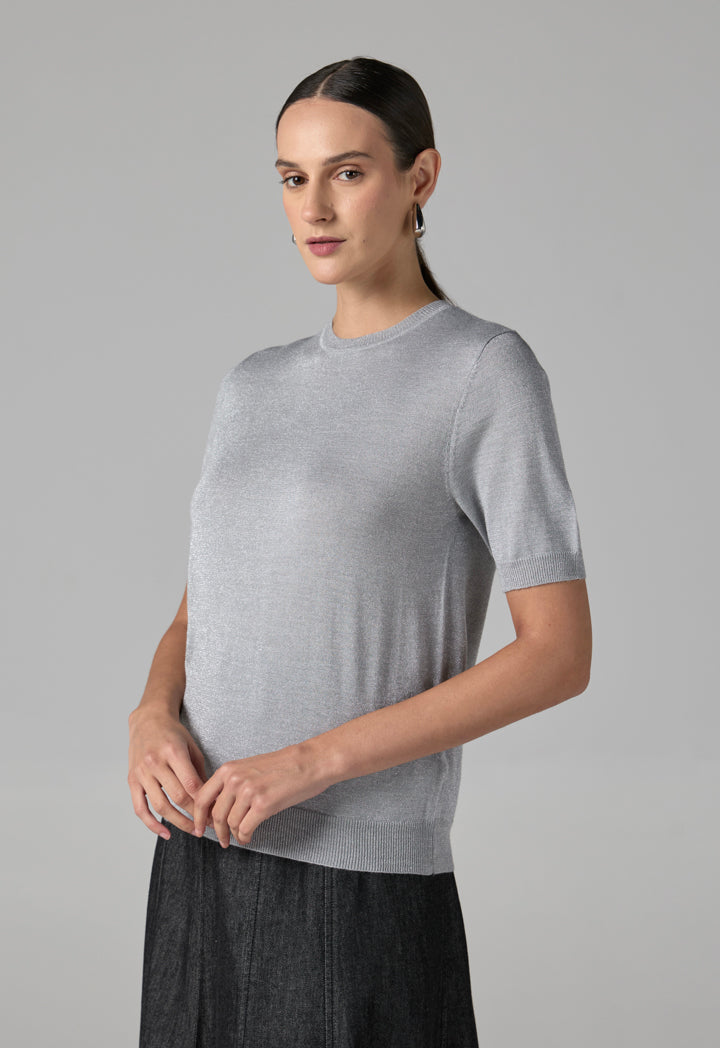Choice Short Sleeves Knitted Lurex Top Grey