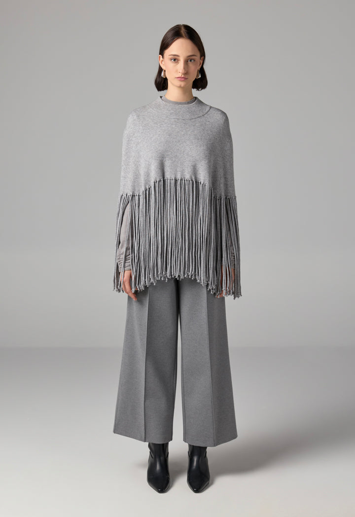 Choice Crew Neck Tassels Poncho Grey