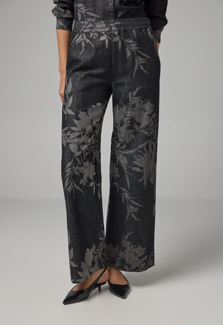 Choice Floral Patterned Wide Leg Denim Trousers Dark Grey