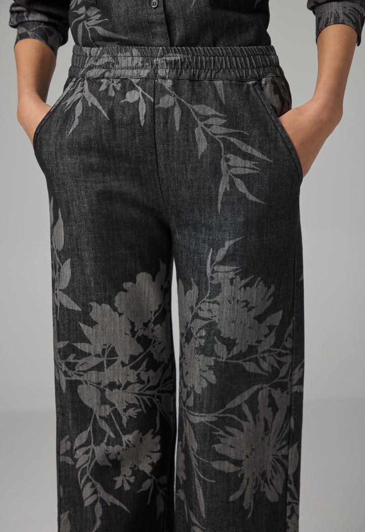 Choice Floral Patterned Wide Leg Denim Trousers Dark Grey