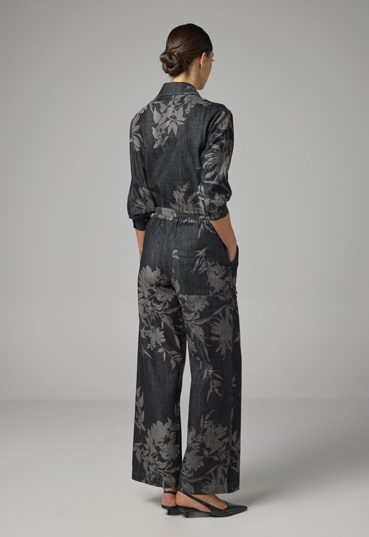 Choice Floral Patterned Wide Leg Denim Trousers Dark Grey