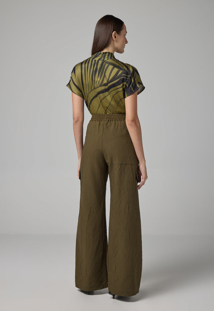 Choice Wide Leg Elasticated Waist Crinkled Trousers Khaki