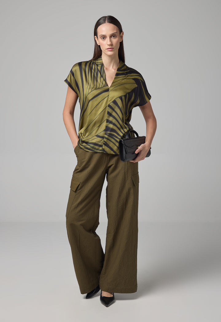 Choice V- Neck Printed Top Khaki