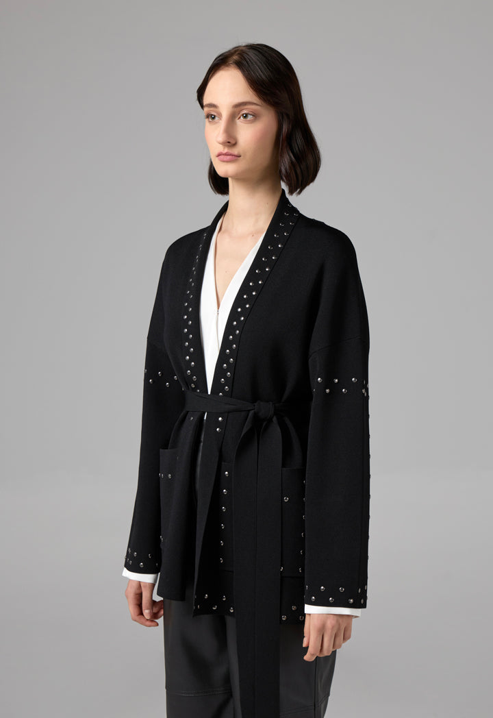 Choice Stud Detail Knitted Belted Cardigan Black