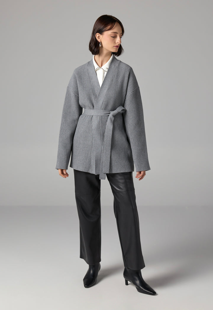 Choice Drop Shoulder Ribbed Cardigan Grey