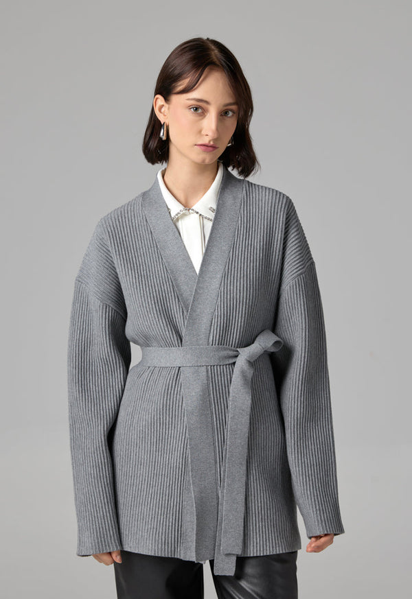 Choice Drop Shoulder Ribbed Cardigan Grey