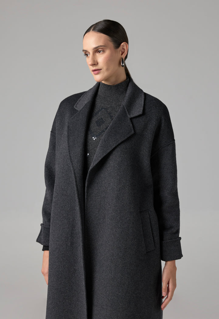 Choice Solid Handmade Midi Belted Coat  Grey