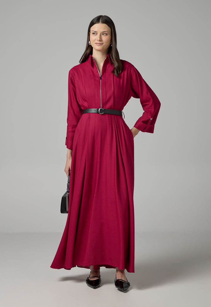 Choice Solid Belted Flared Dress Fuchsia