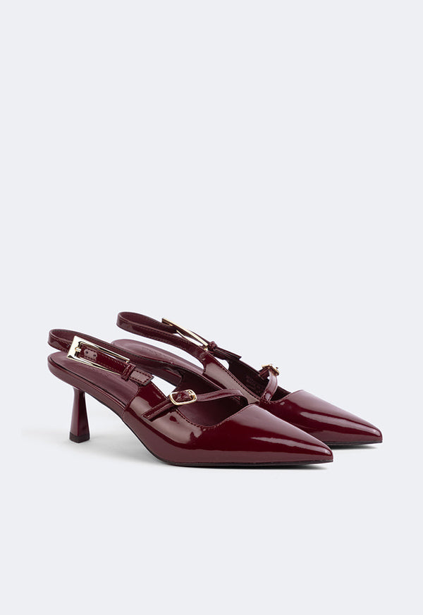 Choice Buckled Strap Sling Back Heels Burgundy