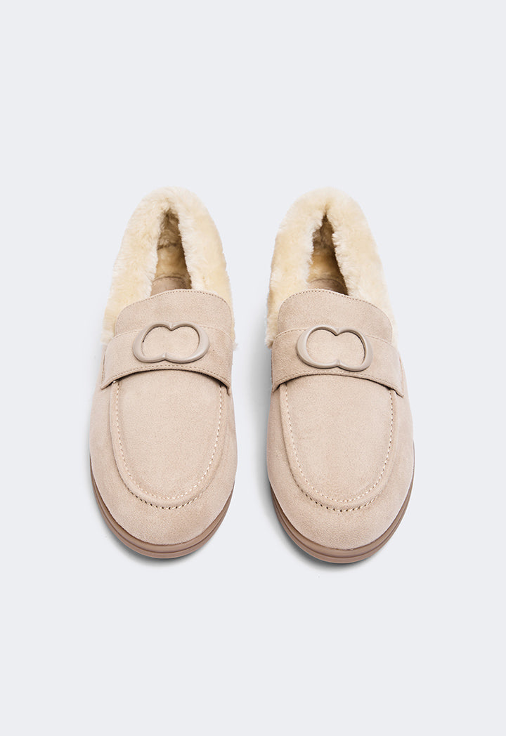 Choice Shearling Detailed Suede Loafers Beige