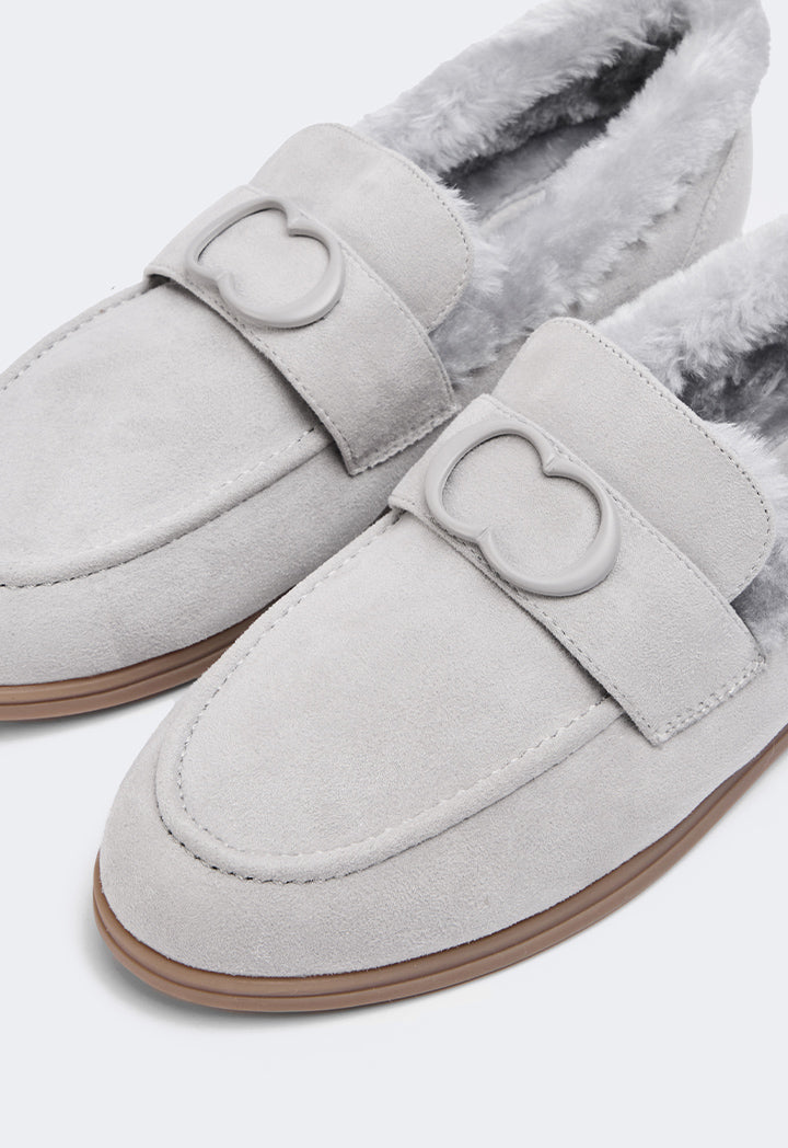 Choice Shearling Detailed Suede Loafers Grey