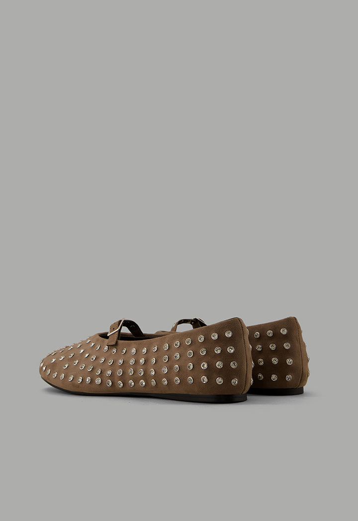 Choice Crystal Embellished Flat Ballerinas Dark Beige