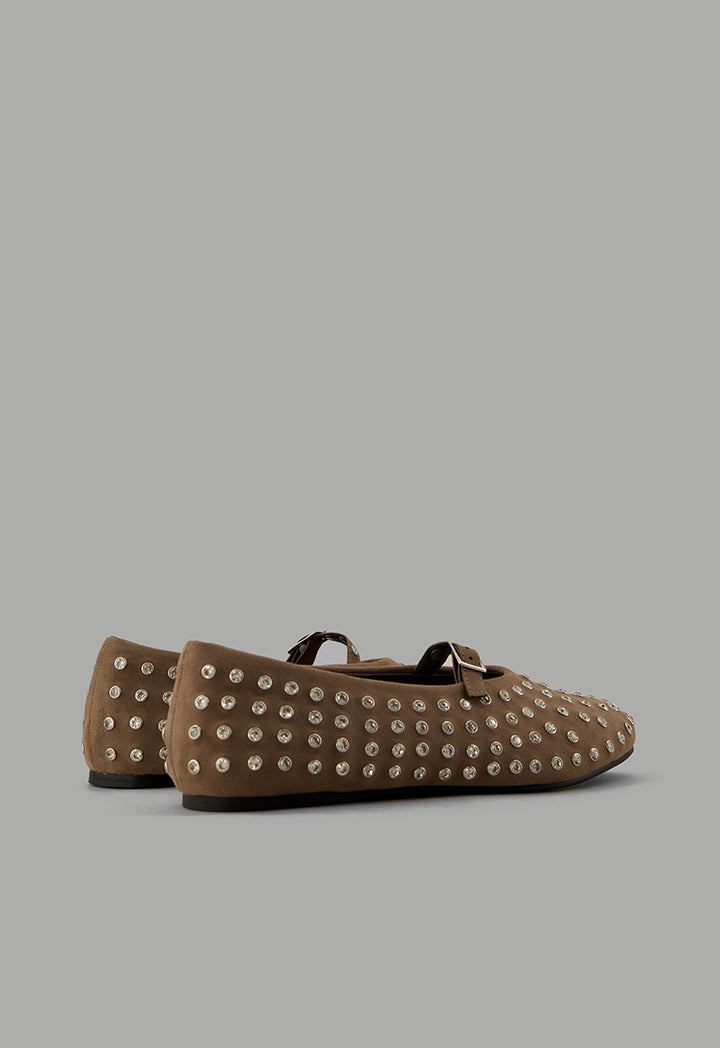 Choice Crystal Embellished Flat Ballerinas Dark Beige