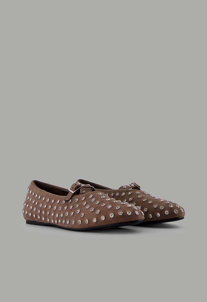 Choice Crystal Embellished Flat Ballerinas Dark Beige