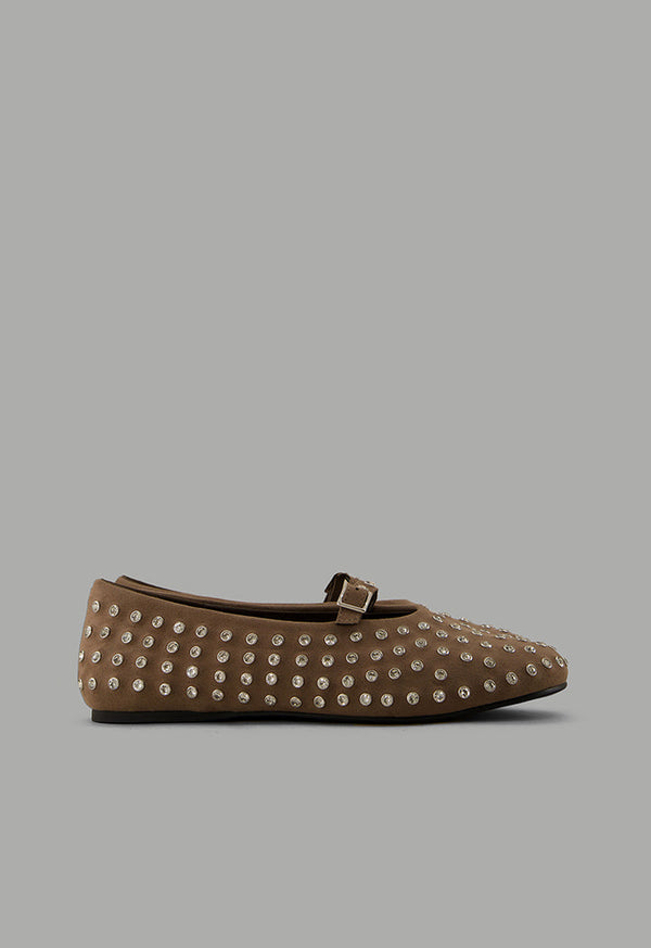 Choice Crystal Embellished Flat Ballerinas Dark Beige