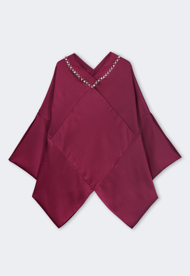 Choice Solid Crystal Embellished Cape Blouse Burgundy