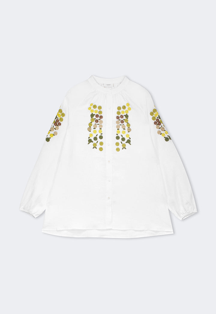 Choice Floral Embroidered Linen Shirt Off White