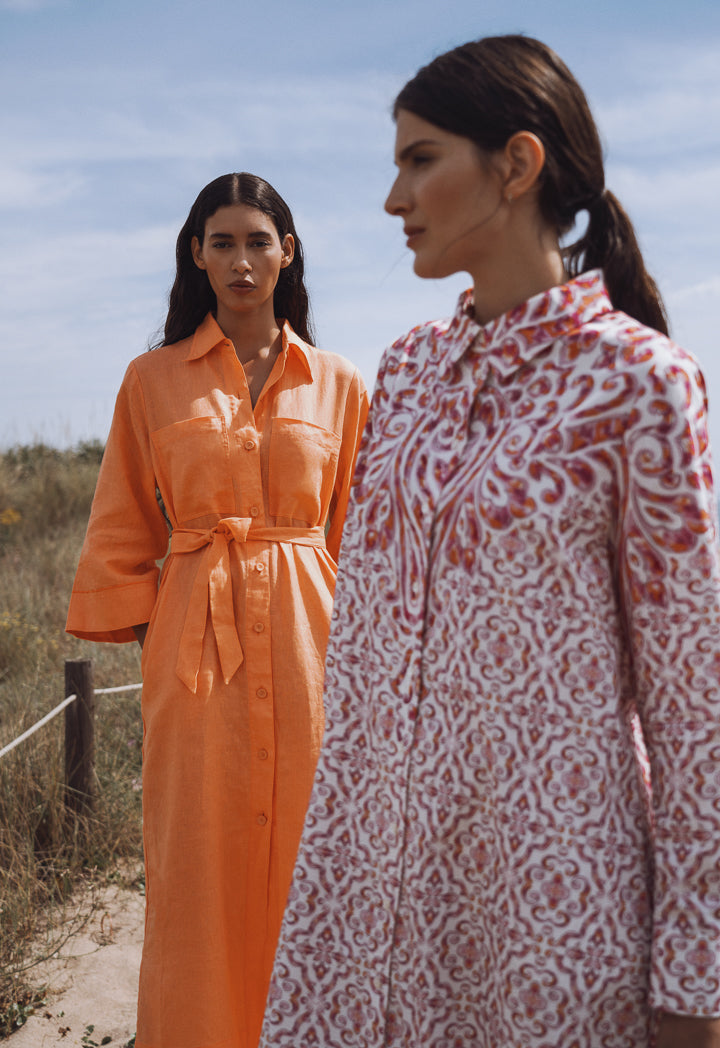 Choice Solid Front Pockets Belted Shirt Dress Orange