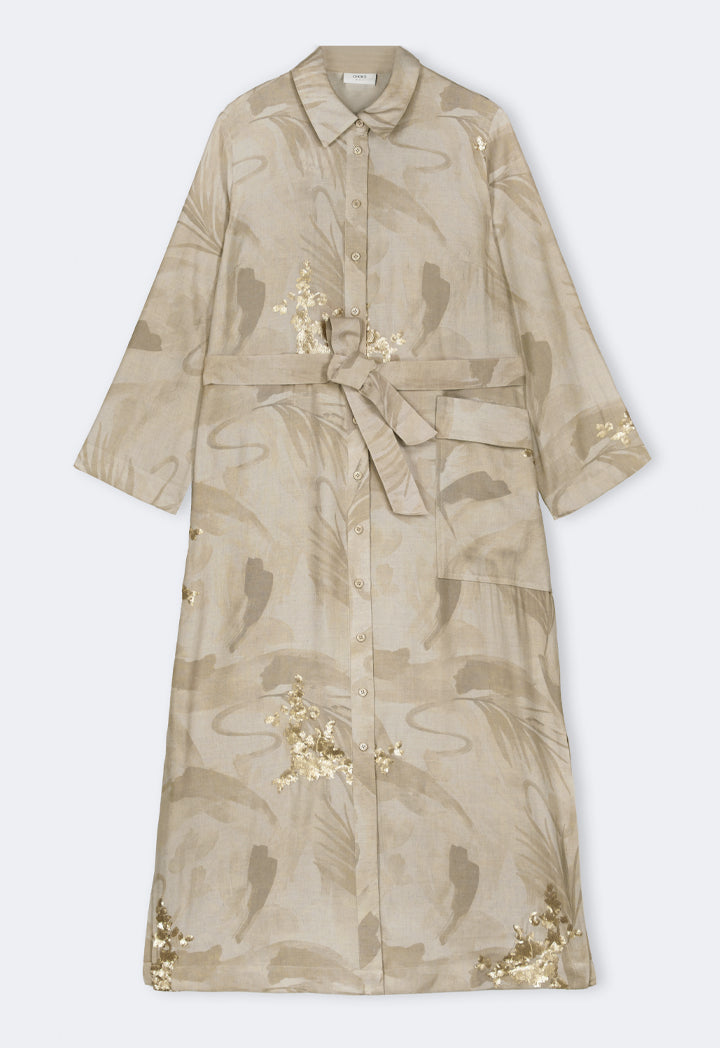 Choice Sequin Embellished Printed Shirt Dress Beige