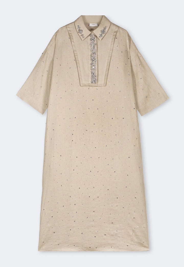 Choice Solid Crystal Embellished Dress  Sand