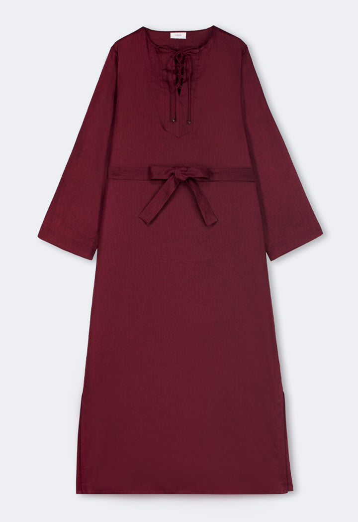 Choice Solid Belted Maxi Linen Dress Brown