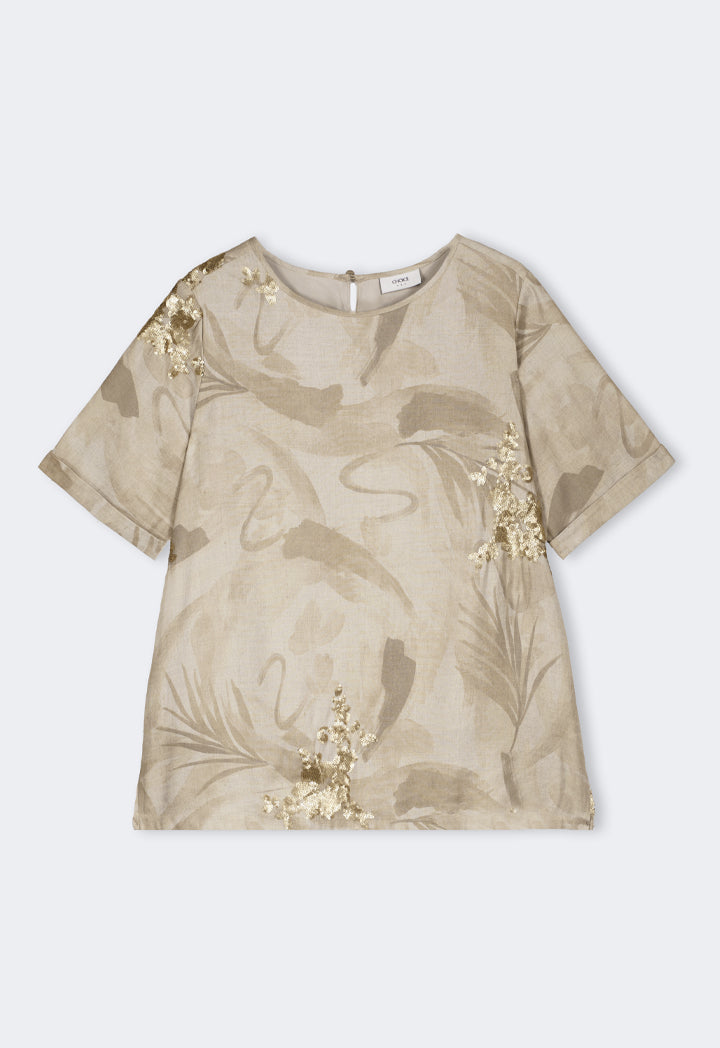 Choice Sequins Embellished Printed T-Shirt Beige