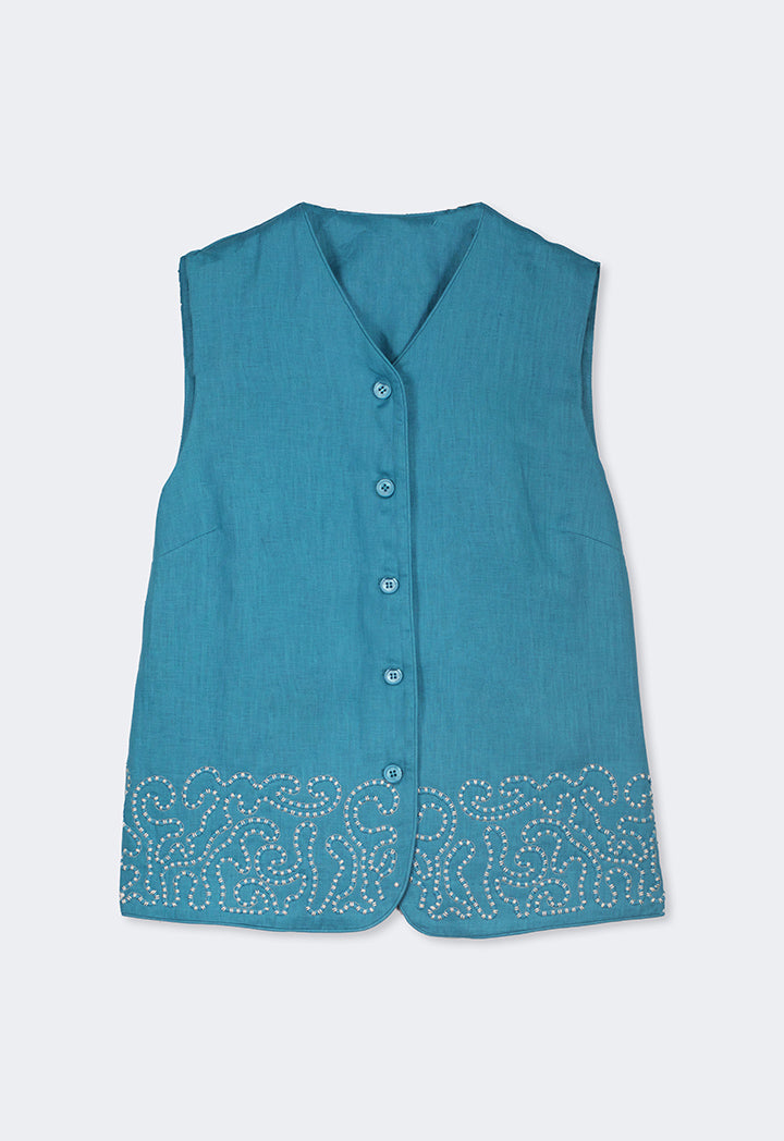 Choice Embroidered Sleeveless Gilet Blue