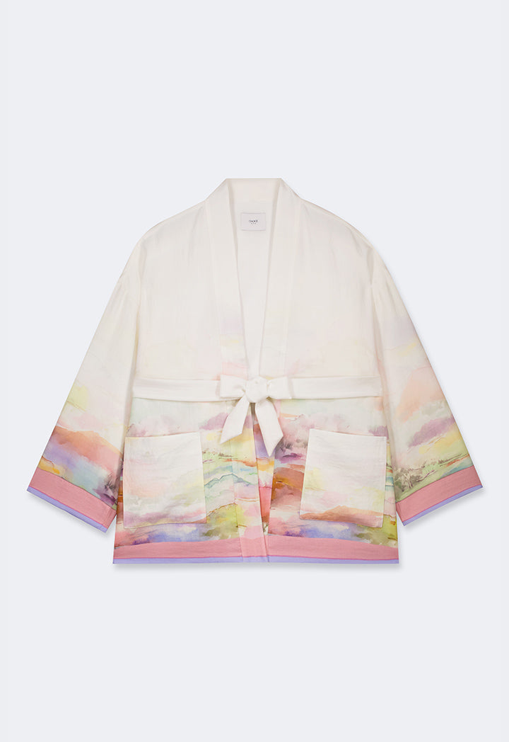 Choice Printed Front Pockets Belted Kimono  Multi Color
