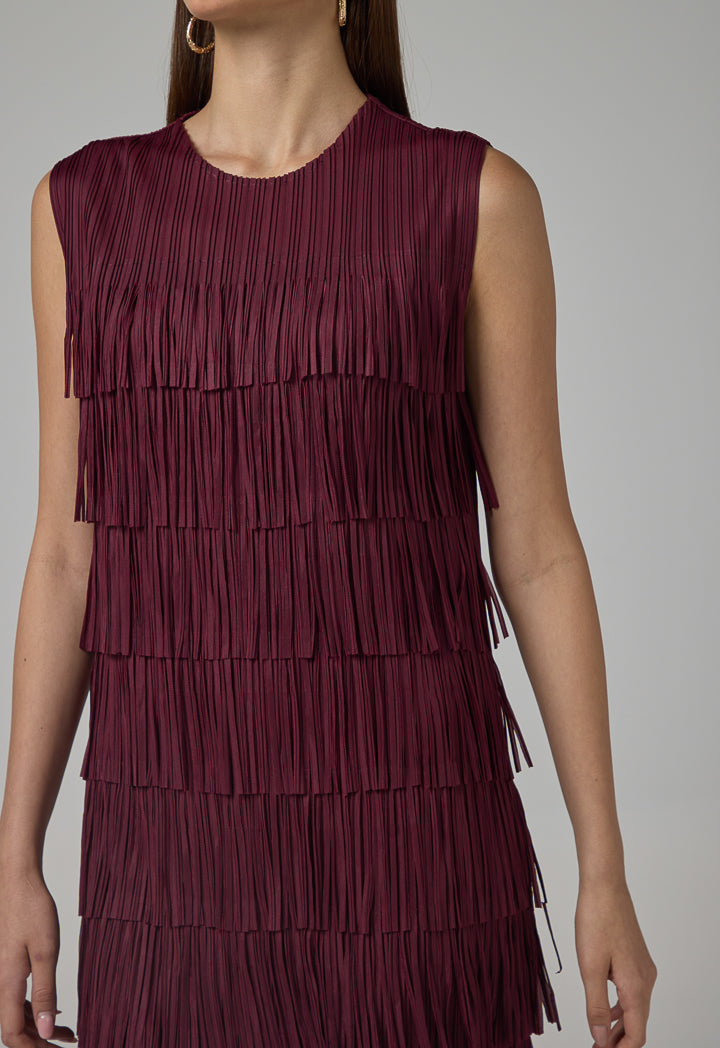 Choice Fringe Detail Sleeveless Dress Burgundy