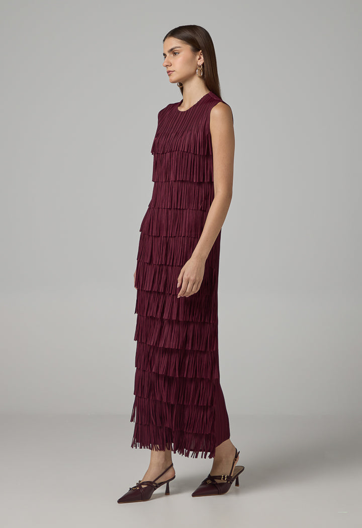 Choice Fringe Detail Sleeveless Dress Burgundy
