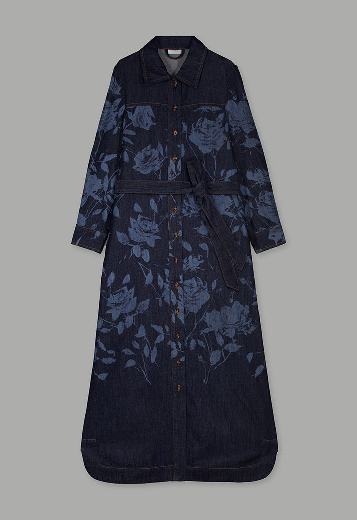 Choice Floral Print Denim Shirt Dress Indigo