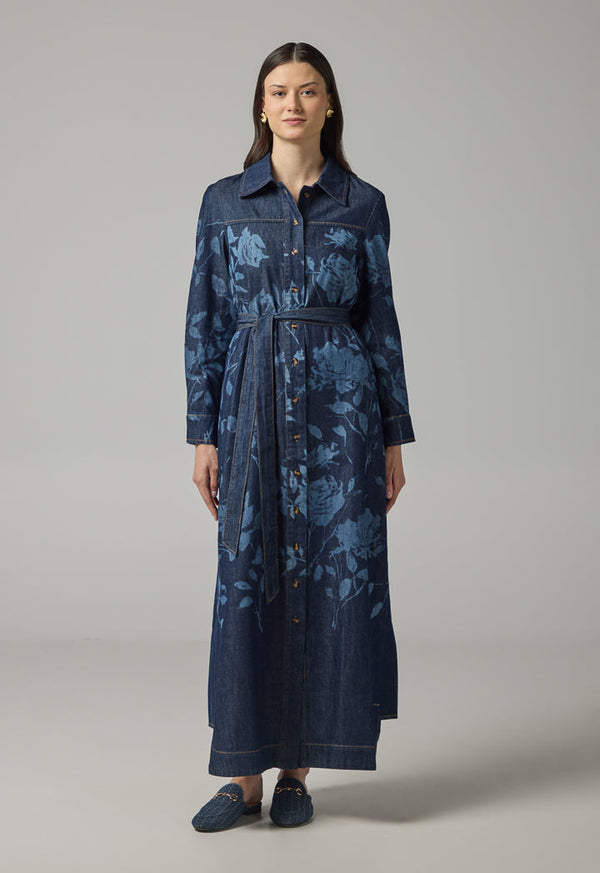 Choice Floral Print Denim Shirt Dress Indigo