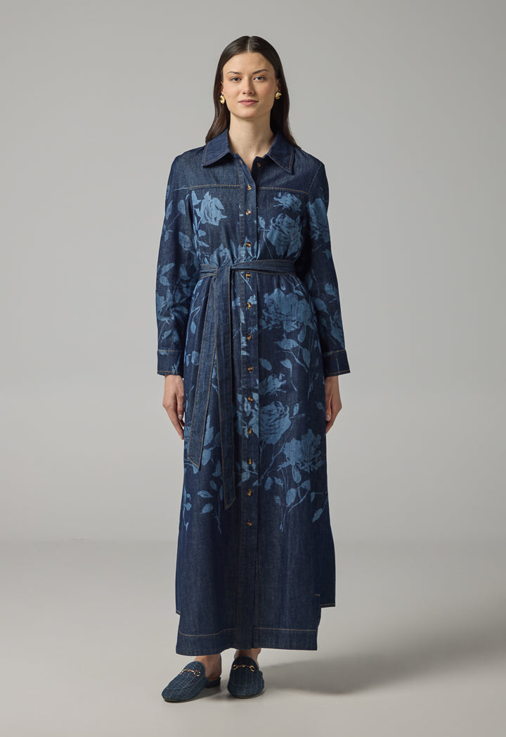 Choice Floral Print Denim Shirt Dress Indigo
